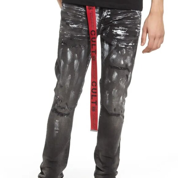 CULT OF INDIVIDUALITY Punk Belted Distressed Painter Skinny Jean